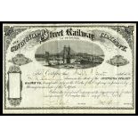 Covington Street Railway Company (KY), $100 shares, 1871, No. 132, suspension bridge and steamboats,