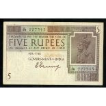 India. British Raj. Government of India. 5 Rupees. ND (1917-1930 issue). P-4A. Signed H. Denning.