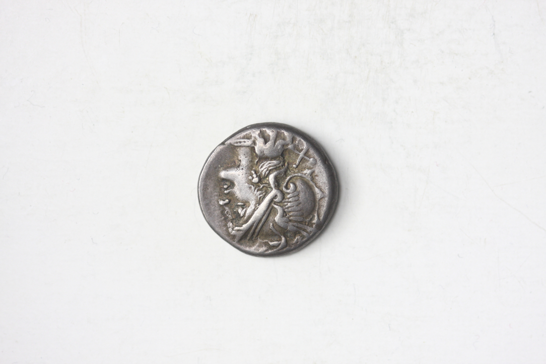 Roman Republic. Anonymous. AR Denarius, 157-155 BC. 3.92 gms. Roma head r. wearing winged helmet,