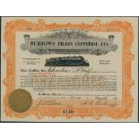 Burrows Train Control Co. (DE), preferred stock certificate, $1 shares, 192[8], #1258, steam train