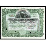 Lake Copper Company (MI), $5 shares, 1923, No. 30355, signed by William A. Paine as President, green