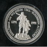 Switzerland. Platinum Unze, 1986. William Tell, rev. Swiss Arms over crossed rifles within circle of
