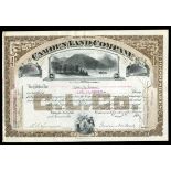 Camden Land Company, (ME), 100 shares, 1902, No. 2682, brown frame, schooner at anchor, mountains