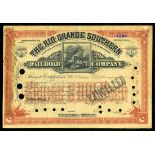 Rio Grande Southern Railroad Co. (CO), $100 shares. 189[2], No. A122, signed by Otto Mears, steam