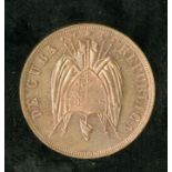 Cuba. Republica. Pattern 20 Centavos in Copper, 1870. Republican Arms on shield draped by flags