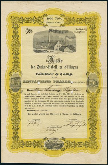 Zuckerfabrik zu Söllingen von Günther & Comp. Aktie über 1.000 Thaler, Söllingen, 1.Juli 1851. Nr.