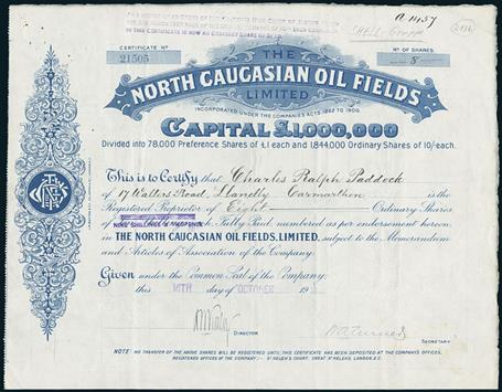 North Caucasian Oil Fields Limited. Certificate 8 Shares. 16. October 1919. #21505. The company was