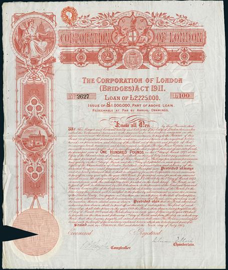 The Corporation of London (Bridges) Act 1911. Bond £100, 9. July 1914, #2627. Large format with arm