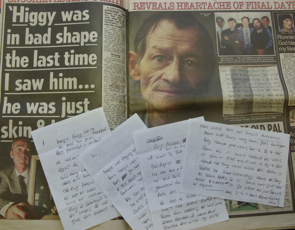 Snooker, Alex Higgins, a four page poignant note (on the back of William Hill betting slips!) to his