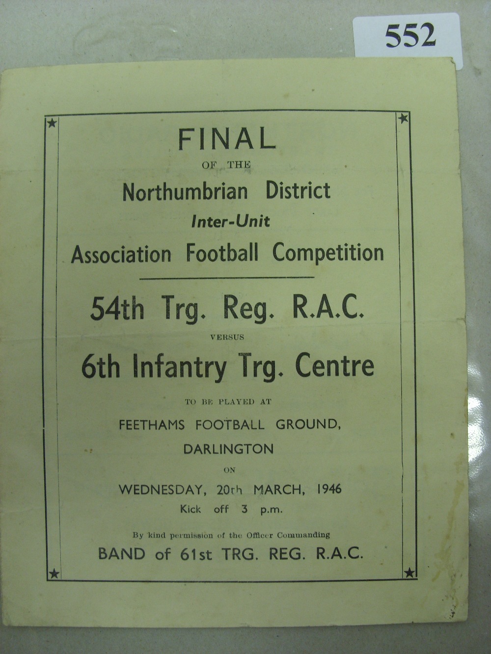 1945/46 Northumbrian District Inter-Unit Final, 54th Training Regt, RAC v 6th Infantry Training