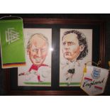 CHARLTON-BECKENBAUER Framed colour caricatures of Bobby Charlton and Franz Beckenbauer in National