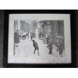 CRICKET AUTOGRAPHS Large framed black and white photograph showing British youngsters playing street