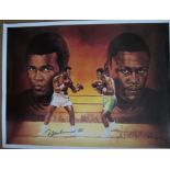 MUHAMMAD ALI & JOE FRAZIER AUTOGRAPHS A limited edition colour 24" x 18" print showing both boxers