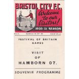 BRISTOL CITY-HAMBORN F.O.B Bristol City home programme v Hamborn 07, 9/5/51, Festival of Britain,