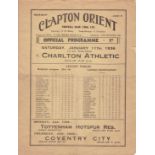 CLAPTON ORIENT - CHARLTON 1936 Clapton Orient home programme v Charlton, 11/1/1936, FA Cup, folds,