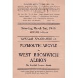 PLYMOUTH - WEST BROM 46 Plymouth home programme v West Brom, 2/3/46. Score noted, very small hole,