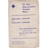 WARTIME-HUDDERSFIELD 1943 Programme for Representative game, Northern Command v Western Command,