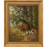 JAMES DESVARREUX-LARPENTEUR (1847-1937): A HALT IN THE WOODS; AND A STAG HUNT Two oil on panel, both