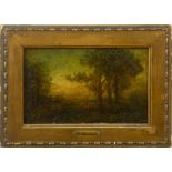 ATTRIBUTED TO RALPH ALBERT BLAKELOCK (1847-1919): LANDSCAPE WITH SEATED FIGURE Oil on paperboard,