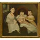 AMERICAN SCHOOL: PORTRAIT OF THREE YOUNG GIRLS, THE LINTON SISTERS Oil on panel, c. 1830,