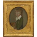 ENGLISH SCHOOL: A BOY AND HIS DOG Oil on copper, unsigned. 3 3/4 x 3 in. (frame).