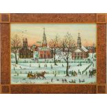 MILTON BOND (b. 1918): NEW HAVEN GREEN, YALE BLDG, WINTER Reverse glass painting, 1999, signed '