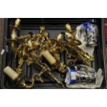 A box of brass wall light fittings and t