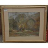 A framed pastel depicting a woodland sce