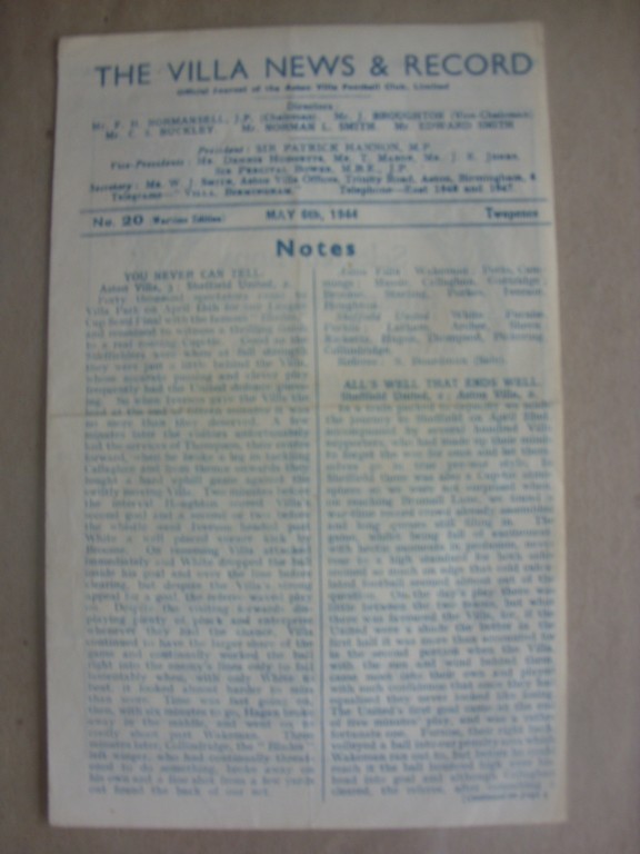 1944 War Cup North Final Football Progra