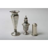 Three small silver items comprising a silver trumpet shaped vase ,