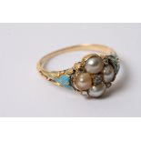 A vintage gold ring centre set with natural pearl and old cut diamonds flower