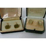 A pair of 18ct gold cufflinks with striped two tone design together with a pair of gilt metal