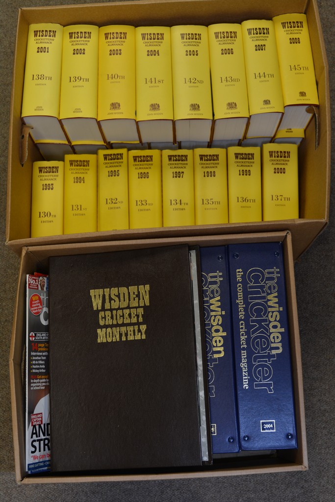 A collection of hardback Wisden Cricket Annuals from 1985 to 2008 (23) together with a box of