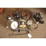 A collection various old fishing reels including Mitchell and Penn