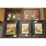 Two oriental lacquer panels with applied raised ivory figures and other oriental framed pictures