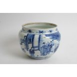 A Chinese blue and white vessel decorated with panels of figures and having four holes to the neck.