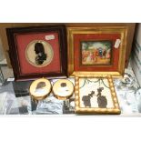 Five framed portrait miniatures including painted and silhouette examples