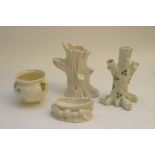 Four items of Belleek including two Spill Vases
