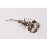 A fine quality and unusual gold brooch formed as a scorpion inset with diamonds and red cabouchons