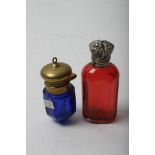 Two miniature coloured cut glass scent bottles,