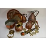 A collection of copper ware and various horse brasses etc.