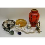 A collection of various ceramics and glass including a Dresden inkstand and  Dutch vase