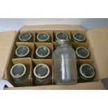 A box of 12 vintage Kilner preserving jars.