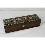A Victorian rosewood glove box, the hinged top inlaid with mother of pearl burr maple, ebony,