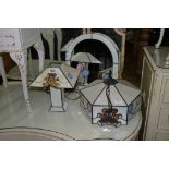 Three Tiffany style children's bedroom items comprising mirror, ceiling light and table lamp.