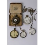 A collection of four silver case pocket watches and a gold plated watch