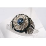 An Art Deco design 18ct white gold ring set with blue sapphire and diamonds