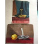 English School, pair of watercolour and gouache still life depictions of candlesticks and fruit.