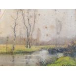 French School, indistinctly signed, early 20th century, stream through woodland landscape, pastel,