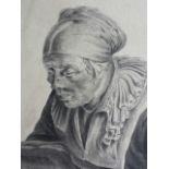 A 19thC en grisaille watercolour of an elderly lady reading, plus a pencil sketch highlighted with